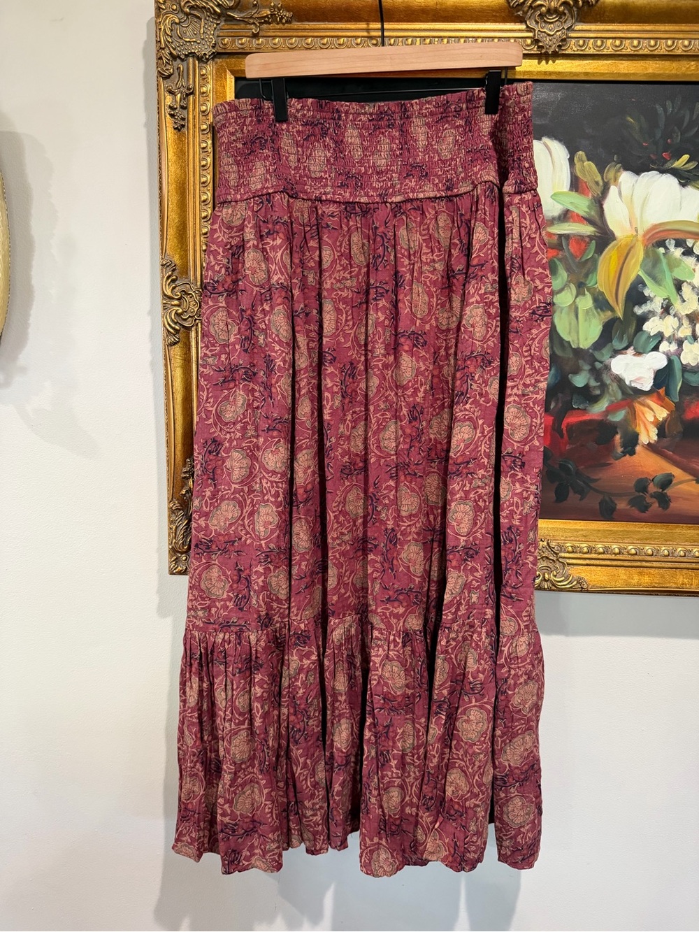 NATURAL LIFE Burgundy Paisley Tiered Maxi Skirt